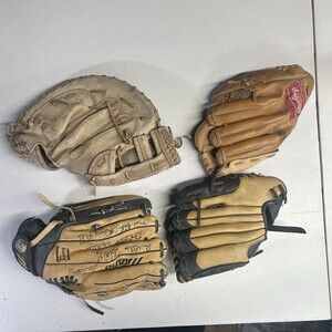 Lot of 4 Used Leather Baseball Gloves – Catcher & Fielder Mixed Sizes